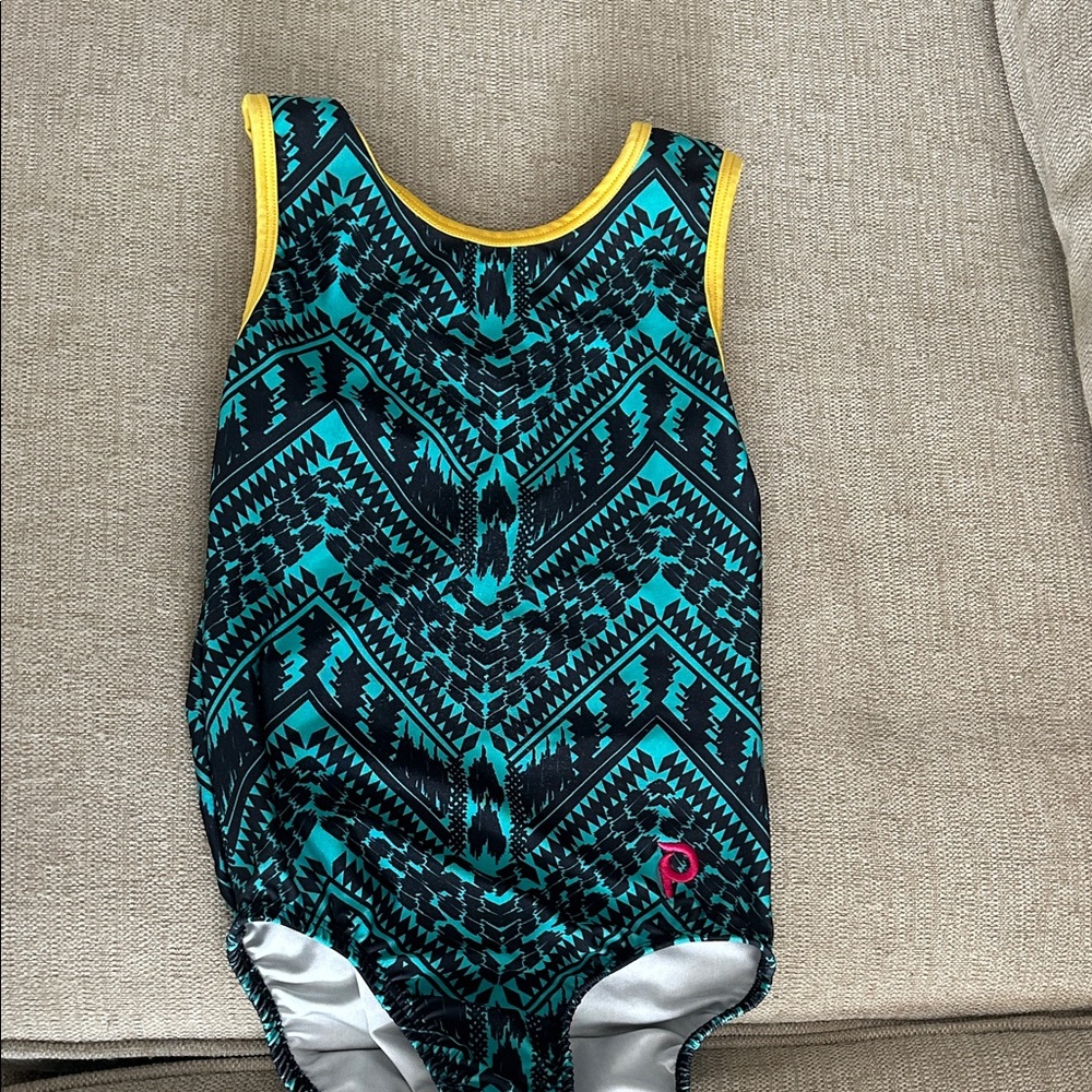 Plum CL Black and Teal Patterned Leotard with Yellow Trim